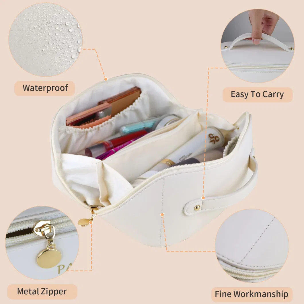 Large Capacity Travel Cosmetic Bag, Portable Makeup Bag Opens Flat for Waterproof PU Leather Multifunctional Storage Makeup Bag for Woman